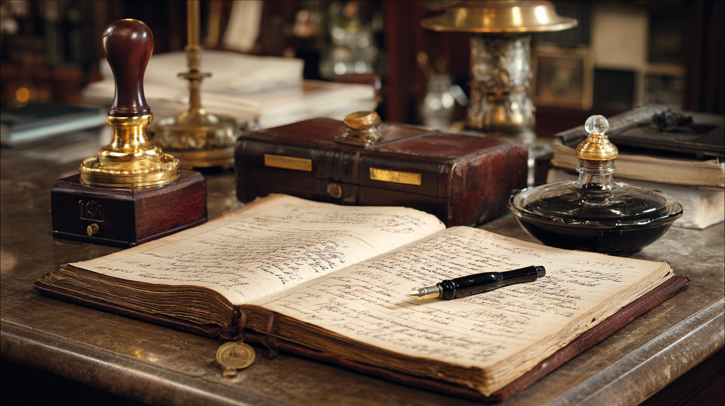 Open handwritten ledger with a fountain pen on an antique desk, surrounded by brass seal presses, an inkwell, and leather-bound books