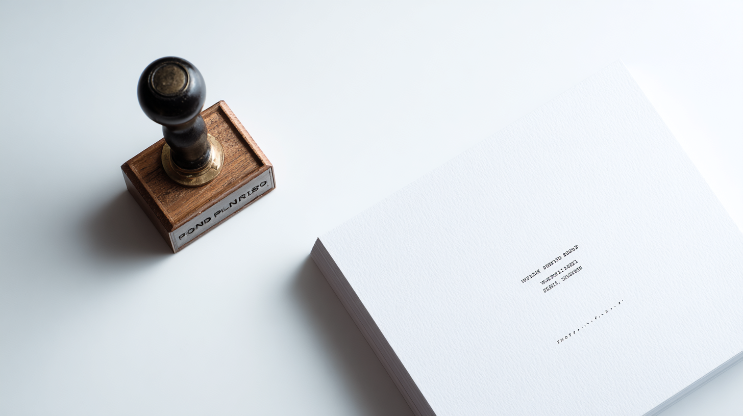 Wooden-handled rubber stamp resting beside a stamped white document on a clean white surface