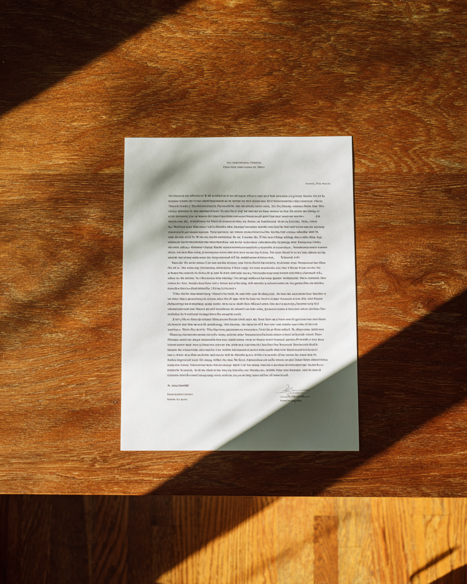 Printed document lying on a sunlit wooden table, casting a soft shadow